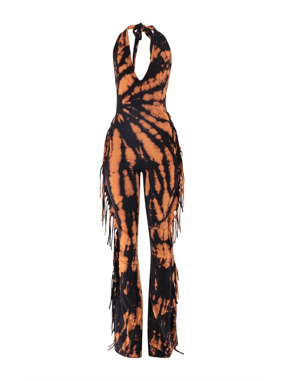 Tie-Dye Halter‎ Fringe Jumpsuit in Black & Orange